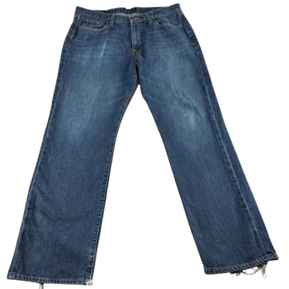 Lucky Brand 363 Vintage Straight Jeans Mens 36x32 Blue Frayed Hem Raw Edge Denim